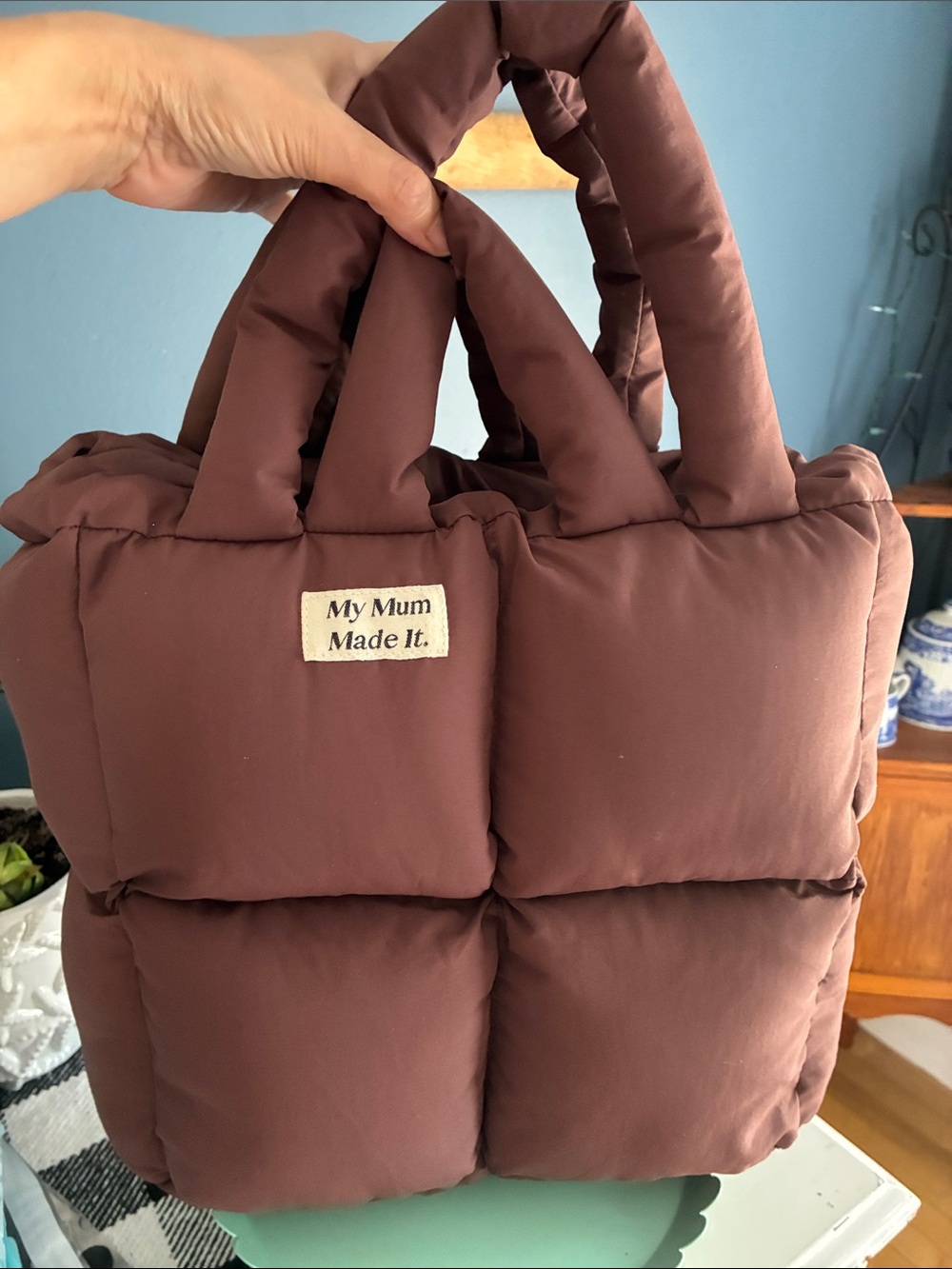 My Mum Made It Quilted Puffy Tote Bag in Brown - Picture 9 of 9